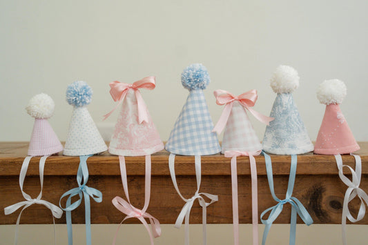 Stuffed Animal Party Hats – Set of 5 Grandmillennial Toile and Seersucker Hats