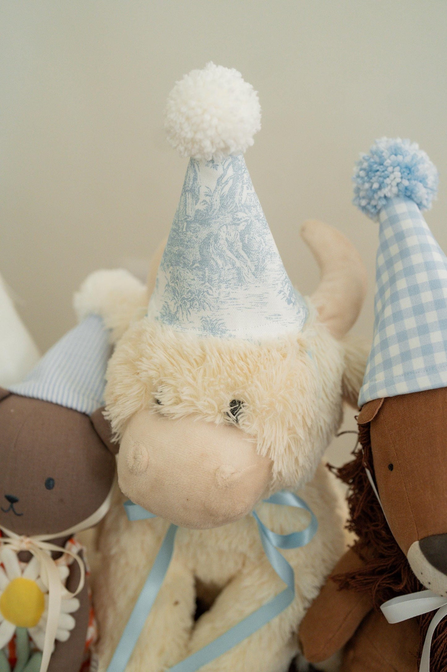 Stuffed Animal Party Hats – Set of 5 Grandmillennial Toile and Seersucker Hats